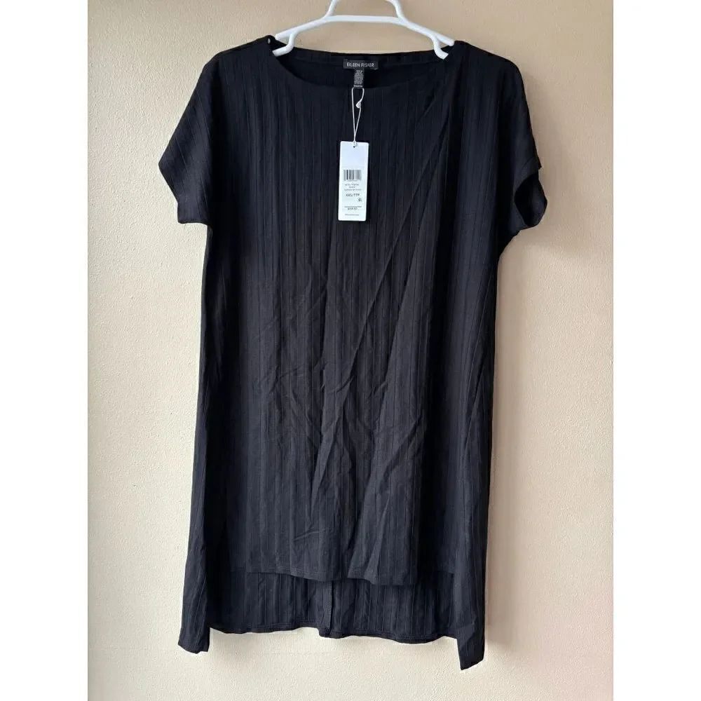 Eileen Fisher Striped Bateau Neck Short Sleeve Tunic Black Women's Size XXS